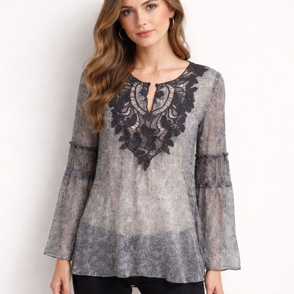 Elie Tahari Bergdorf Silk Sheer Embroidered Blouse Top Women’s Small Boho Chic